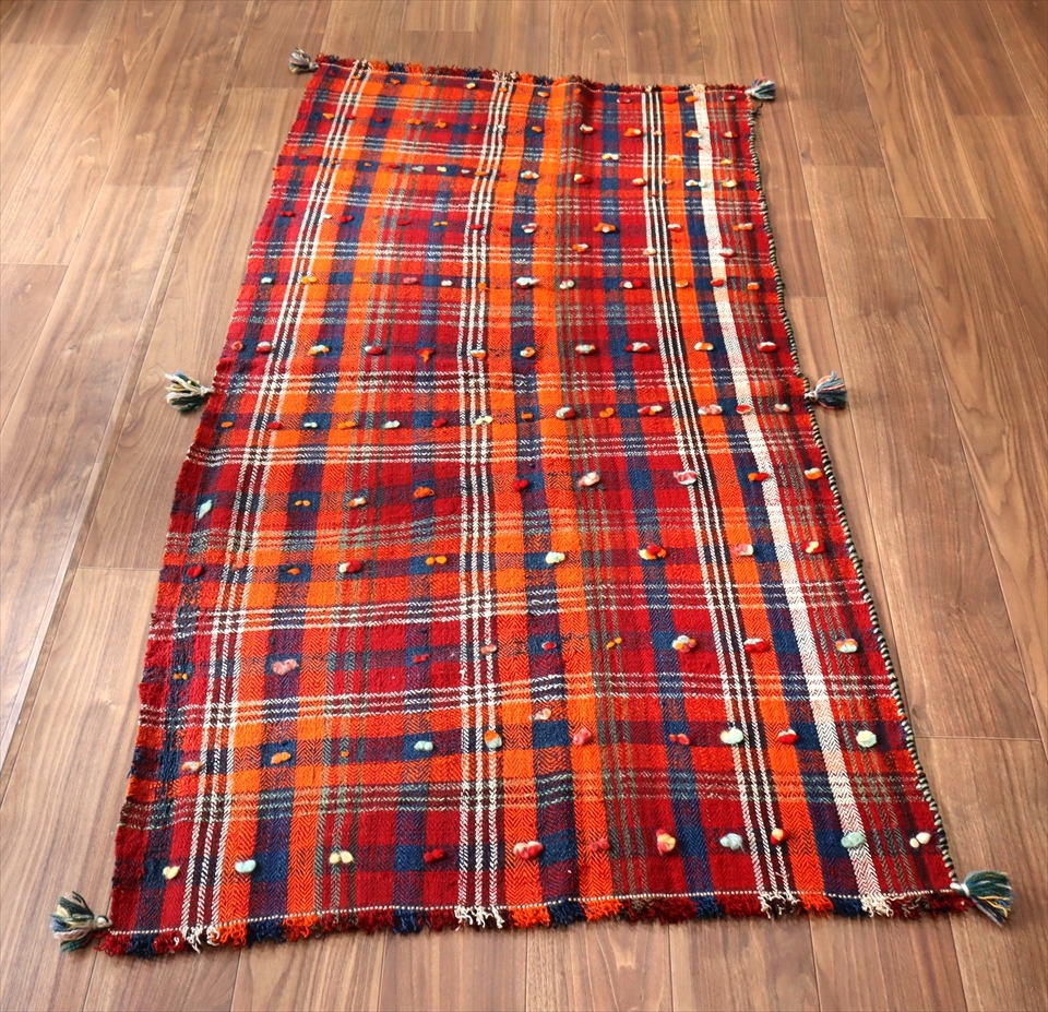 オールドジャジム（テント装飾用）・カシュカイ族シラーズ 178x93cm レッド・オレンジ・ネイビーのチェック柄