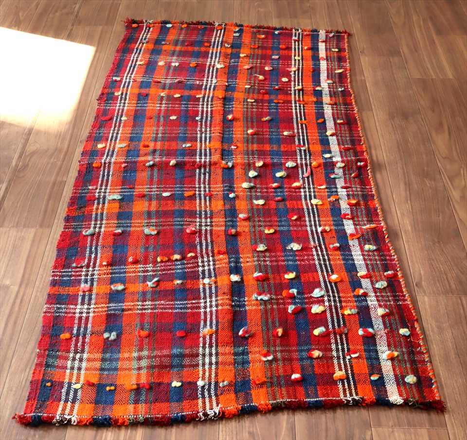 オールドジャジム（テント装飾用）・カシュカイ族シラーズ 181x83cm レッド・オレンジ・ネイビーのチェック柄