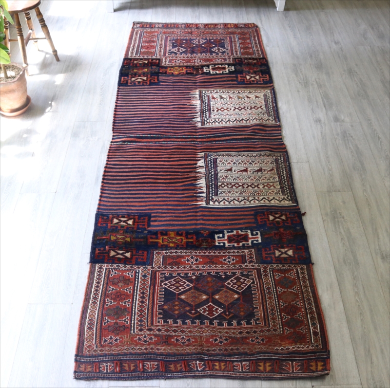 オールドキリム・バクティアリ族のキャメルバッグ 276x96cm 細かなスマック織り