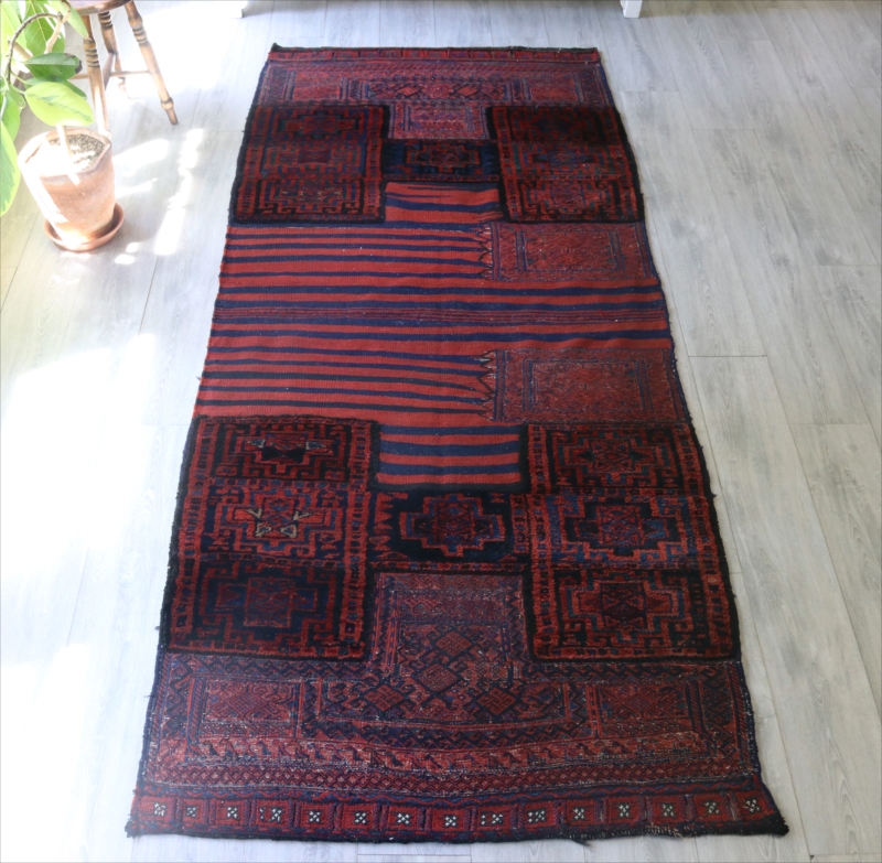 オールドキリム・バクティアリ族のキャメルバッグ 266x109cm 落ち着いた赤と紺