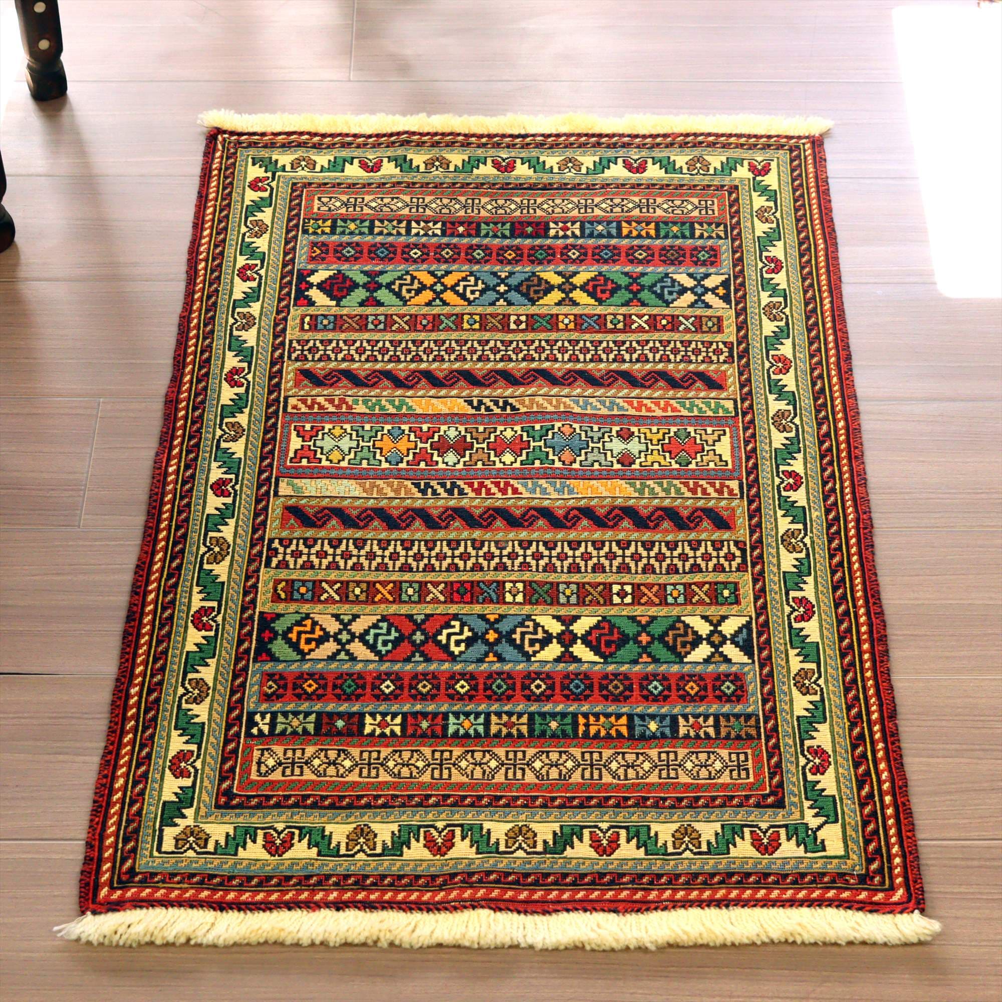 スマックキリム・シルジャン88×59cm ラフラ・幾何学模様のボーダー　刺繍のような細かな織り