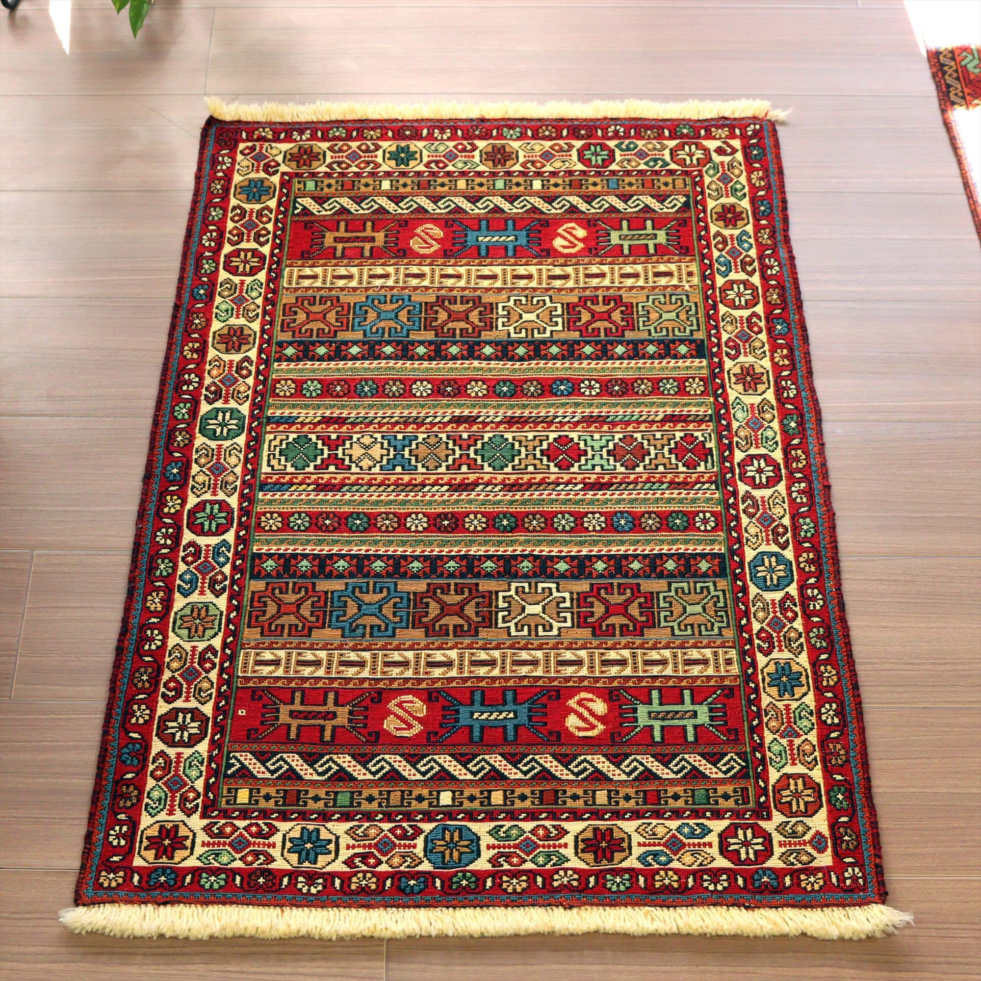 スマックキリム・シルジャン89×58cm ラフラ・幾何学模様のボーダー　刺繍のような細かな織り