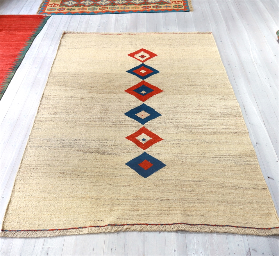 スマック織りのキリム　シラーズ242×164cm 【OUTLETゆがみあり】ブルーとレッドのダイヤ