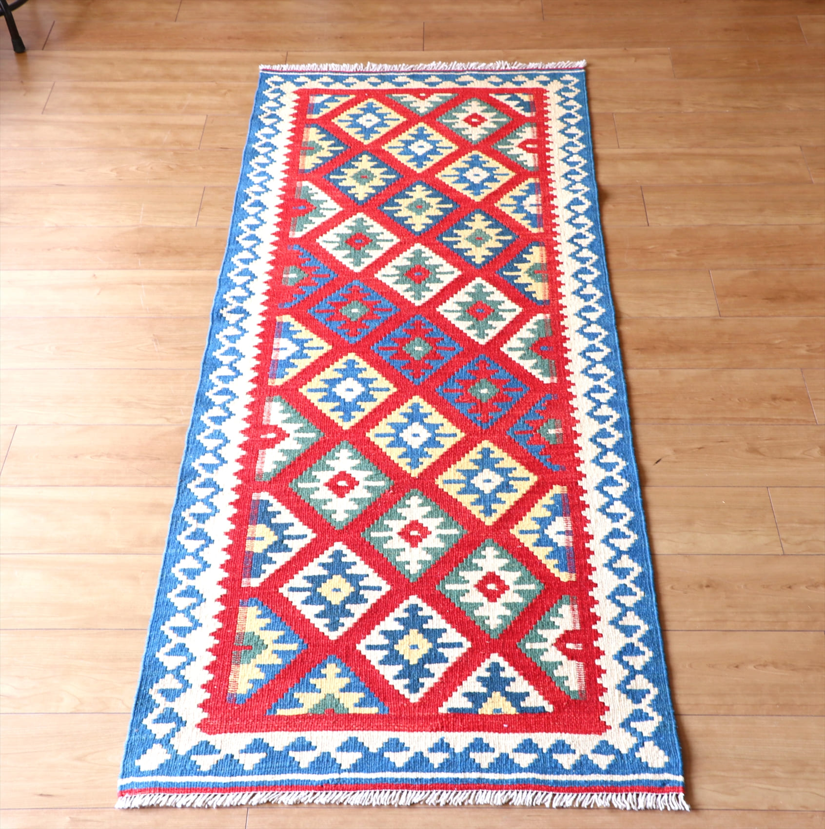 シラーズキリム・カシュカイ族の手織りキリム 191x75cm 明るいいろ使いの幾何学モチーフ
