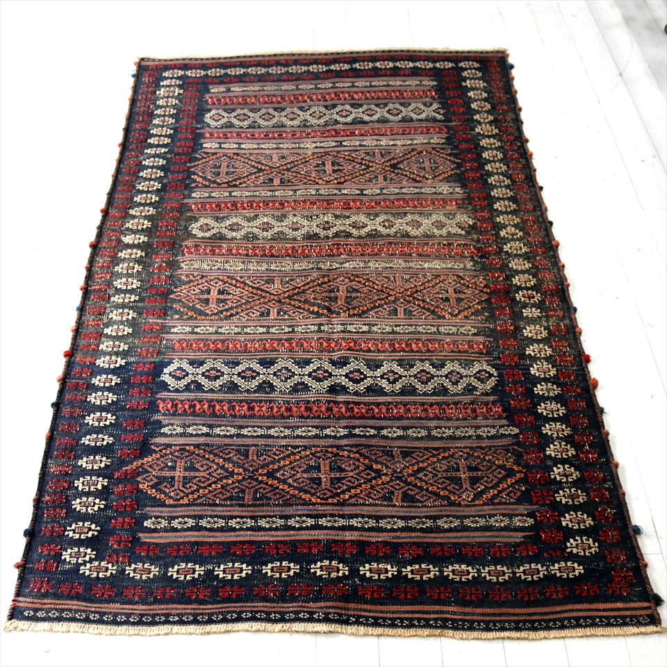 オールドキリム・アフシャール族207×120cm 濃紺と赤/スザンニ織りスマック