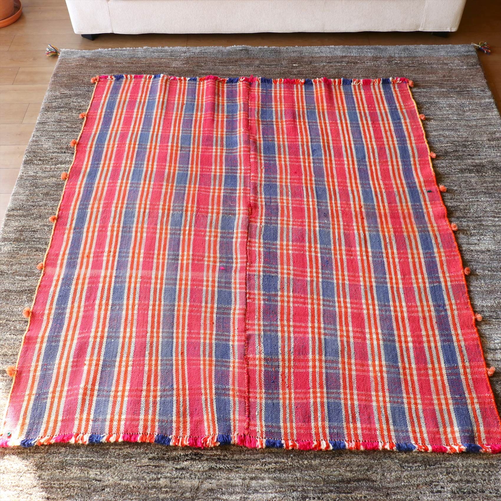 オールドジャジム　テント布166×144cm ピンク オレンジ ネイビーのチェック柄