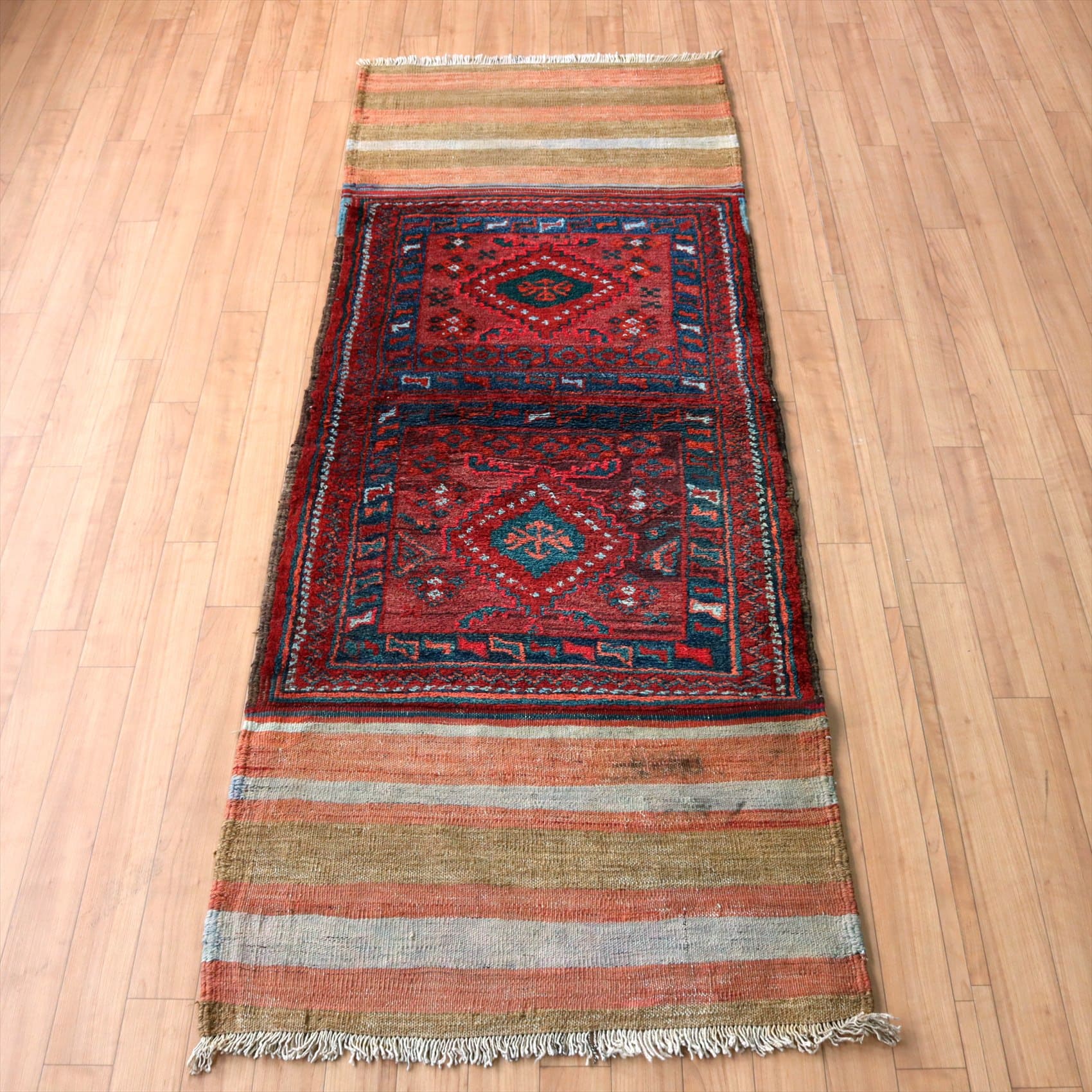 オールドキリム サドルバッグを開いたピース ランナーサイズ194×70cm パイル織り&平織り