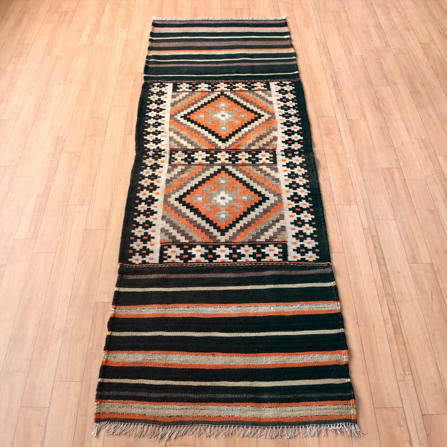 オールドキリム サドルバッグを開いたピース ランナーサイズ210×66cm カシュカイ