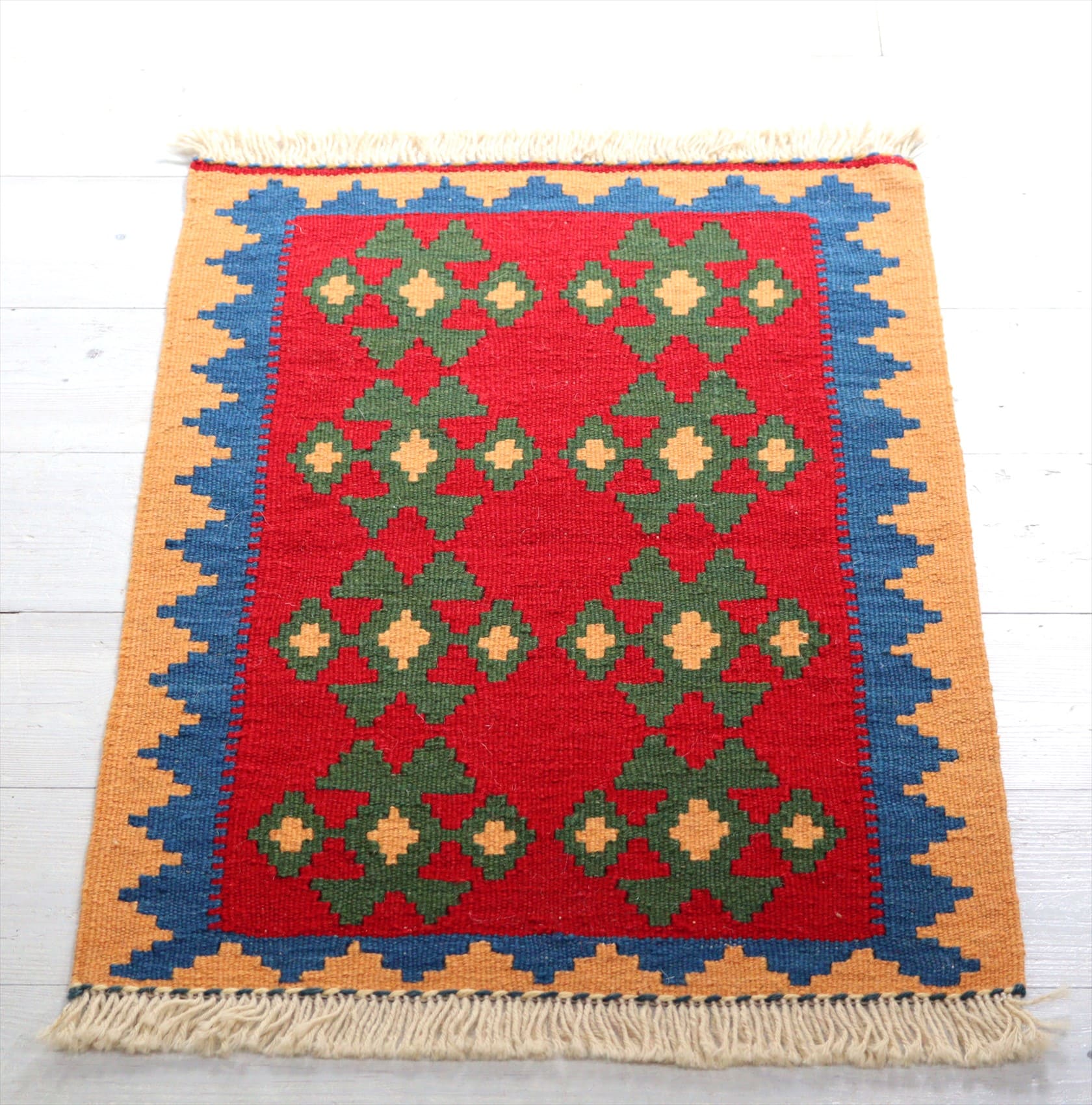 カシュカイ族の手織りキリム・シラーズ58×42cm 発色のよいカラフルモチーフ　レッド/イエロー