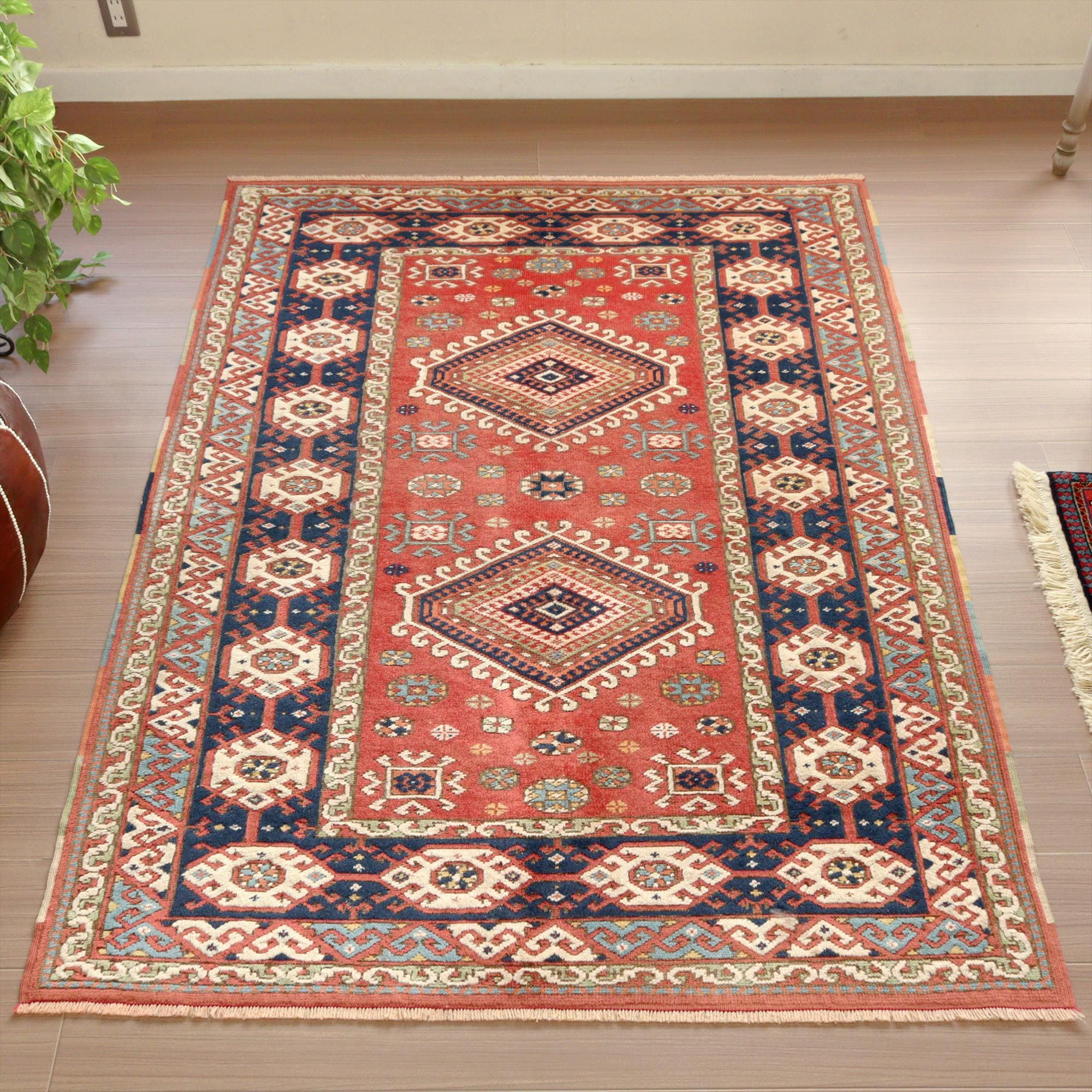 オールドカーペット・ベルガマ　トルコ絨毯・セッヂャーデ ２つのドラゴン　レッド/ネイビー