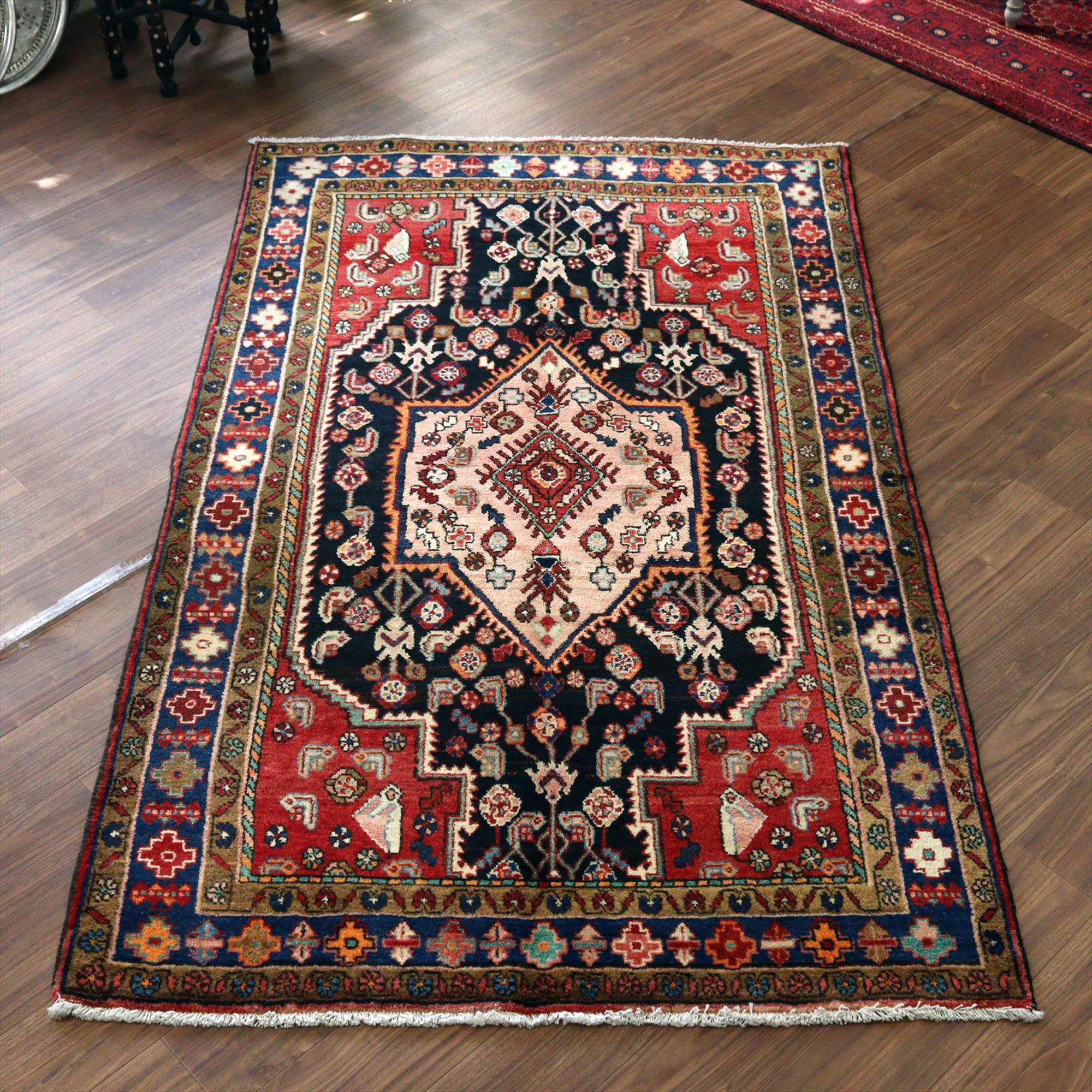 トライバルラグ・オールドカーペット/シラーズ・ハムセ リビングサイズ ネイビー/六角形のメダリオン