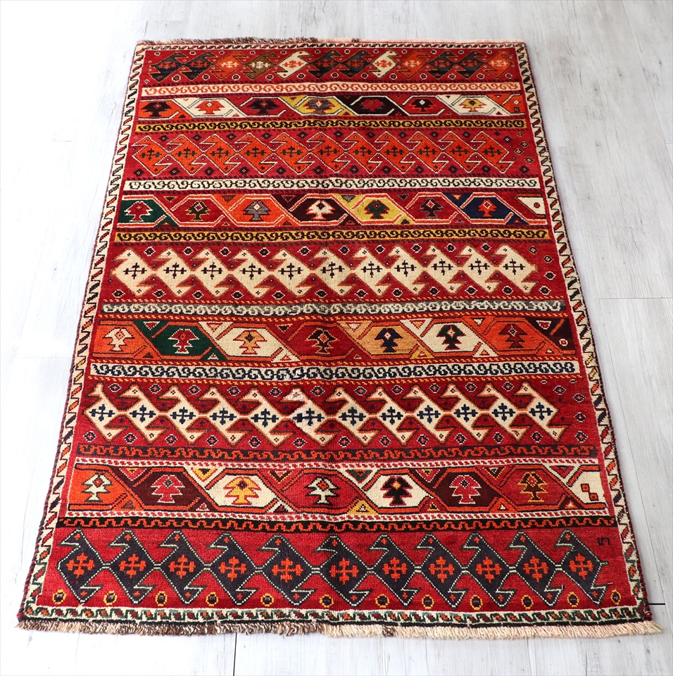 オールドカーペット・カシュカイ族のギャッベ169×100cm センターラグ　幾何学モチーフの並ぶストライプ