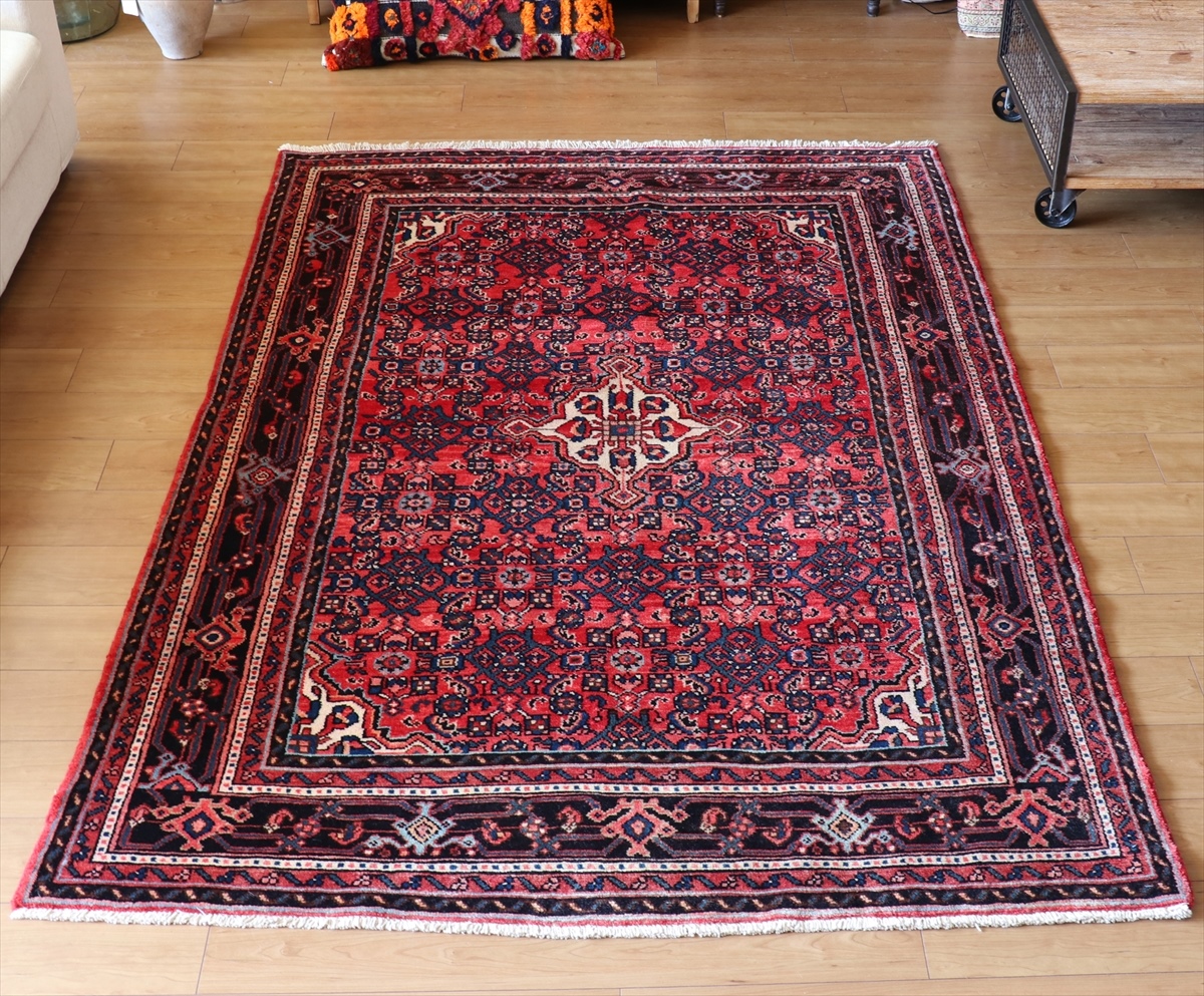 トライバルラグ・じゅうたん　ホセインアバド216×150cm メダリオン　レッド/ブラック