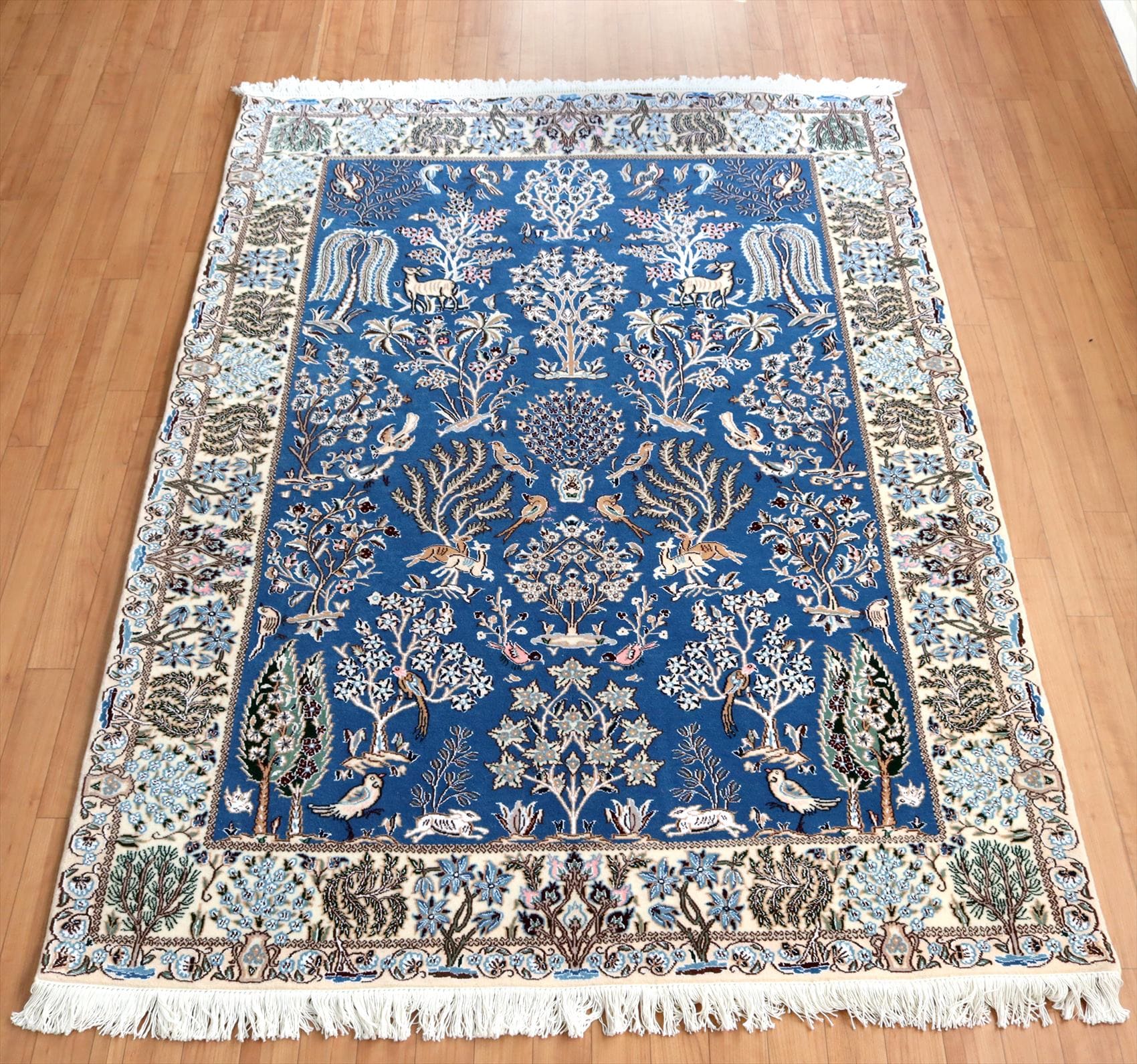 ペルシャ絨毯 ナイン産 ブルー198×142cm 鳥のいる森