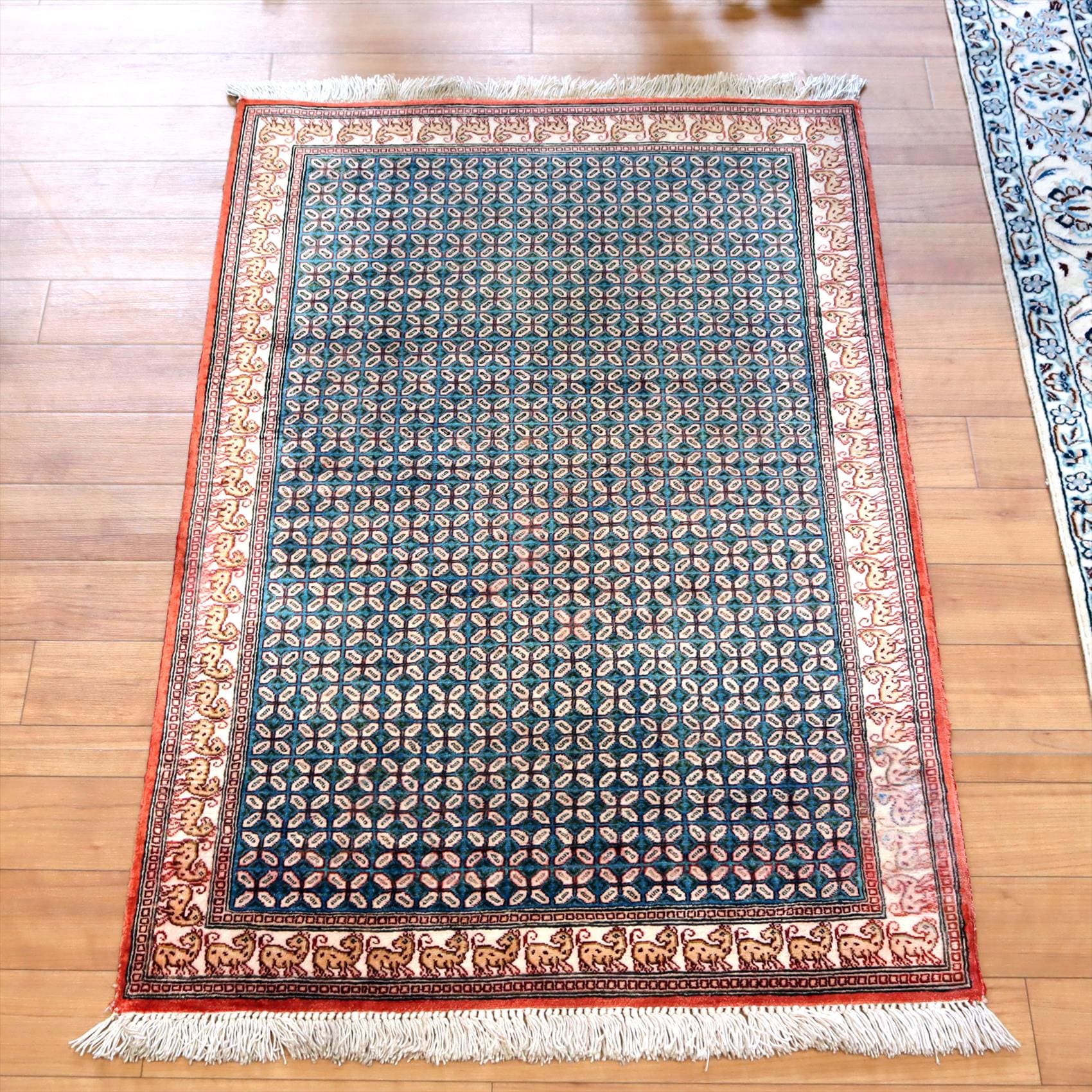 ペルシャ絨毯 クム産90×59cm ターコイズ アイボリー【アウトレット】