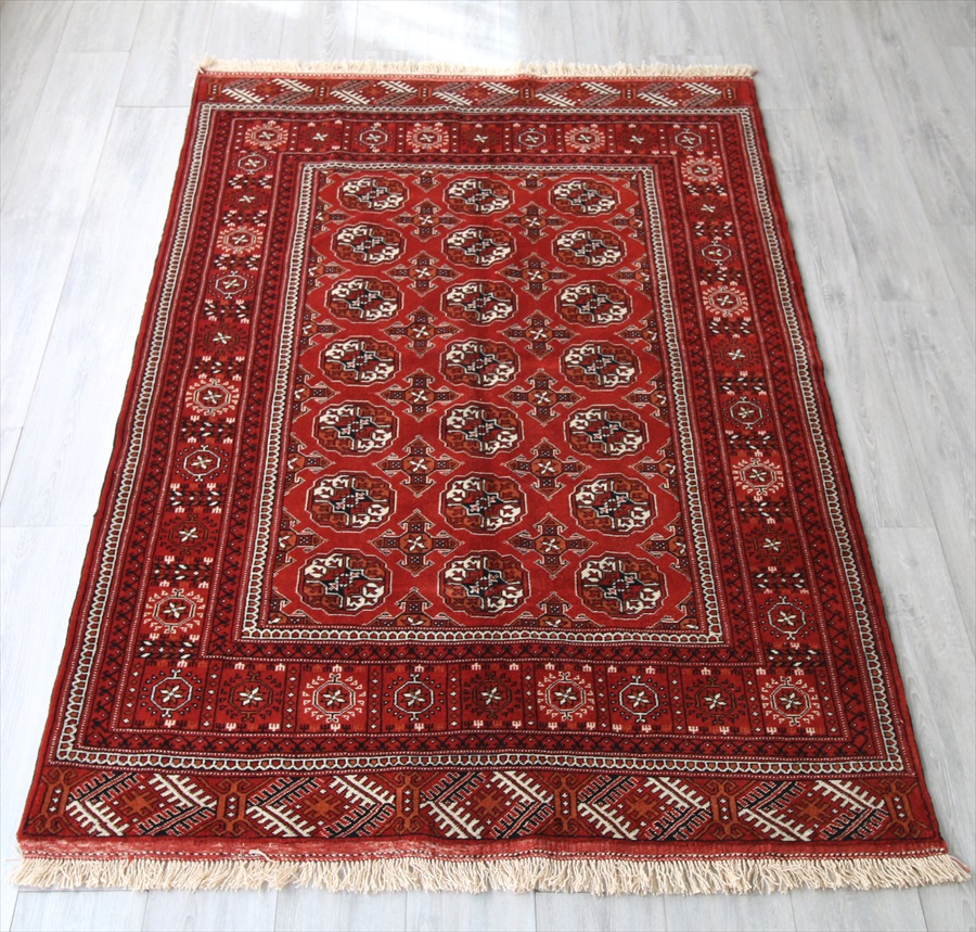 オールドカーペット・トルクメンヤムート194×136cm 朱色にギュルモチーフ/センターラグサイズ