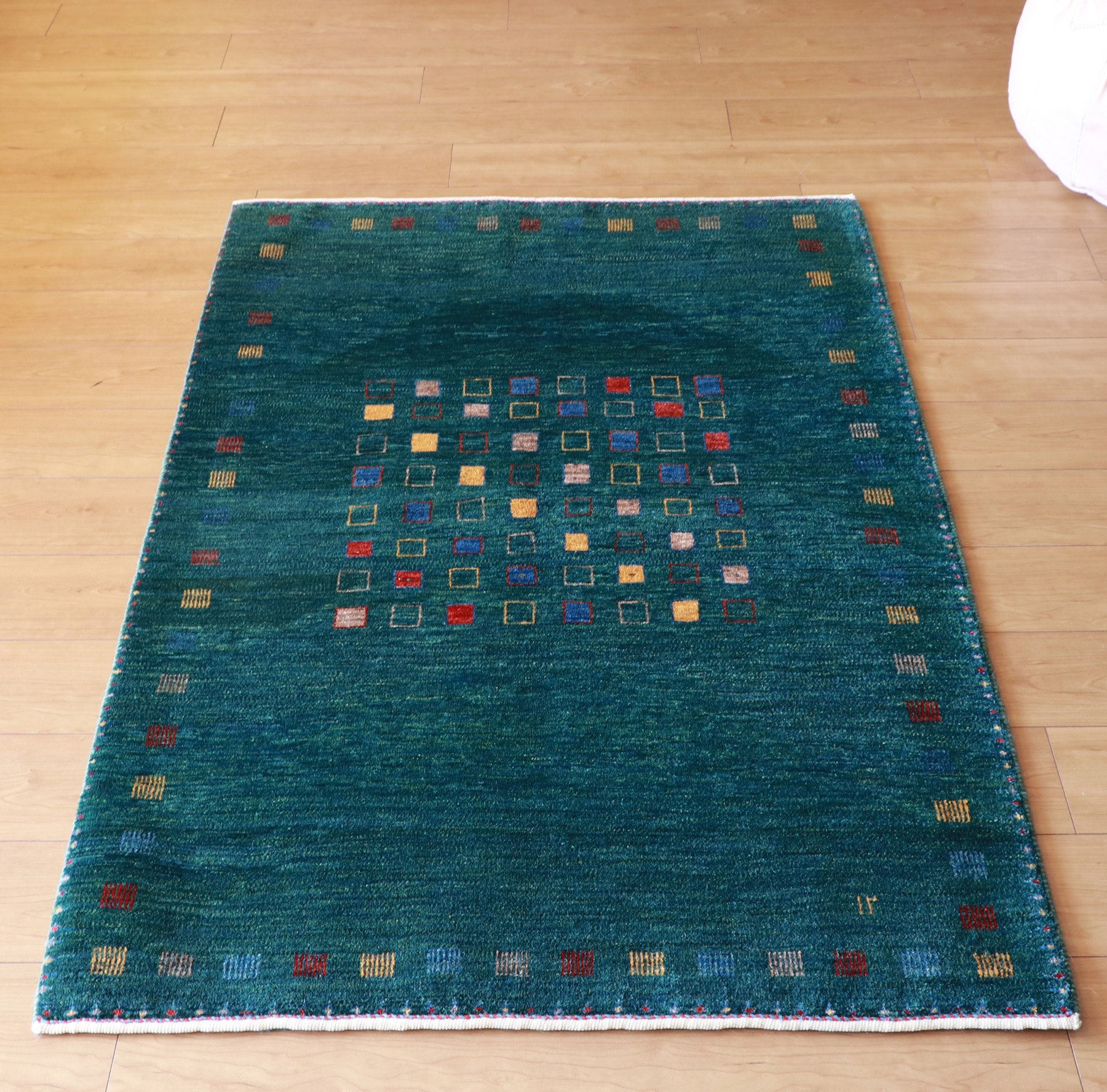 カシュクーリ・ギャッベ/ギャベ・カシュカイ族の手織りラグ・玄関マット/アクセントラグサイズ ブルーグリーン・カラフルスクエア