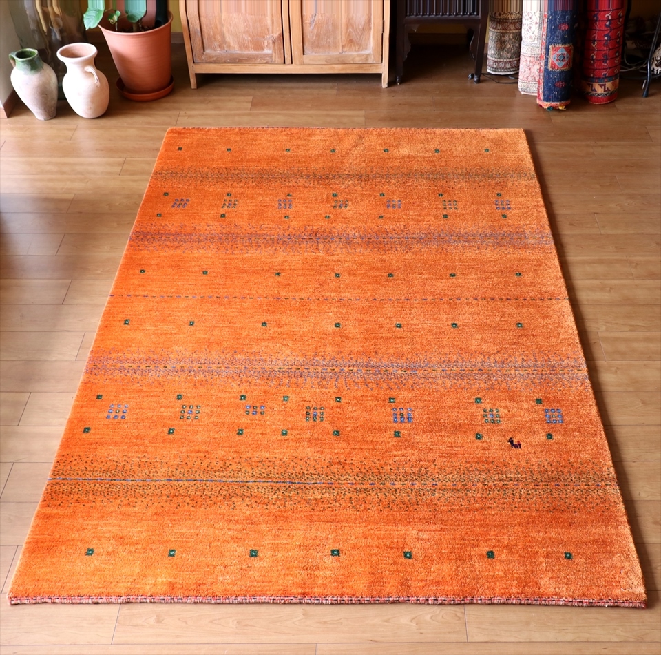 ギャベ ギャッベ/カシュカイ族手織りラグ　シューウリ Gabbeh　Schuliイラン直輸入/リビングサイズ オレンジグラデーション・幾何学ストライプデザイン