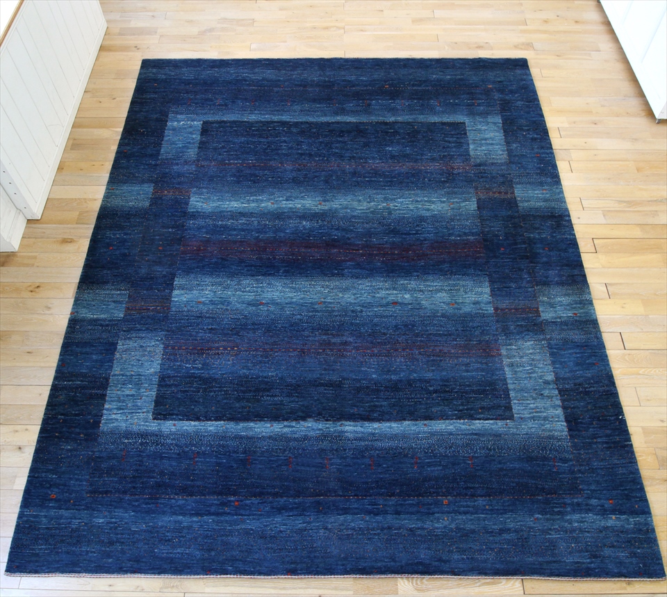 ギャッベ　ギャベ　イラン直輸入カシュカイ族手織りラグ・ロリアタシュLoriAtash/大型ルームサイズ ブルー・グラデーション・スクエアデザイン・スクエアモチーフ・植物のモチーフ