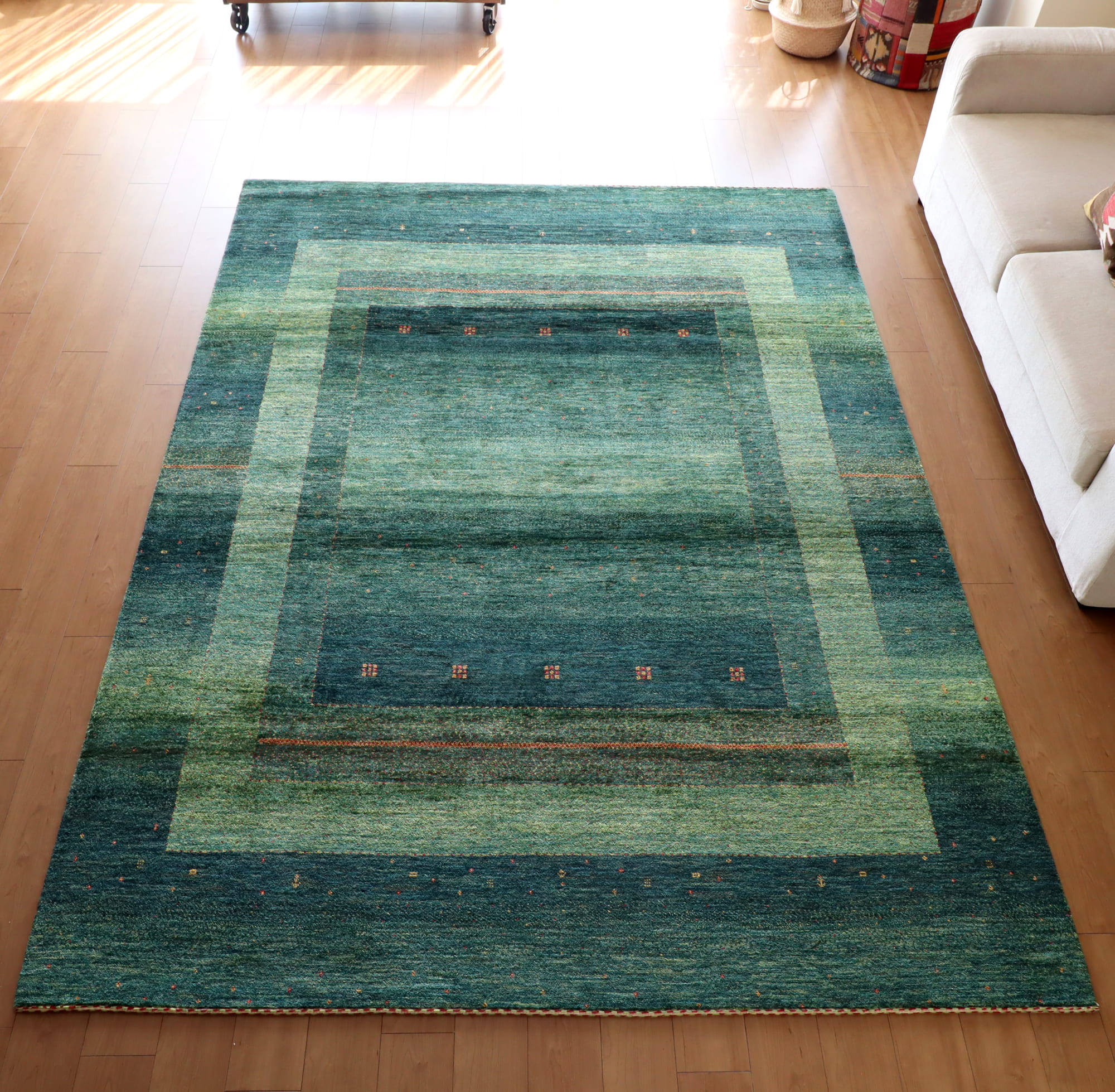 ギャッベ　ギャベ　イラン直輸入カシュカイ族手織りラグ・ロリアタシュLoriAtash/大型ルームサイズ グリーン/グリーン・グラデーション・スクエアデザイン・スクエアモチーフ