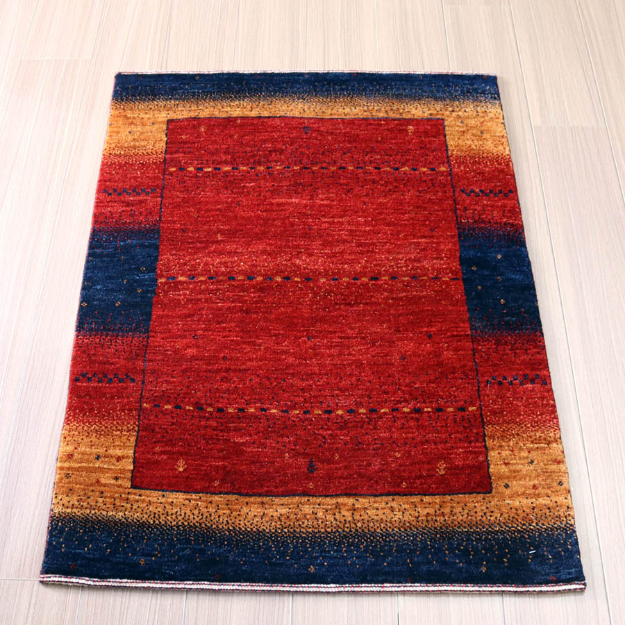 ギャッベ・ロリアタシュ・最上級の織り・アクセントラグサイズ レッド、オレンジ、ネイビー・スクエアデザイン