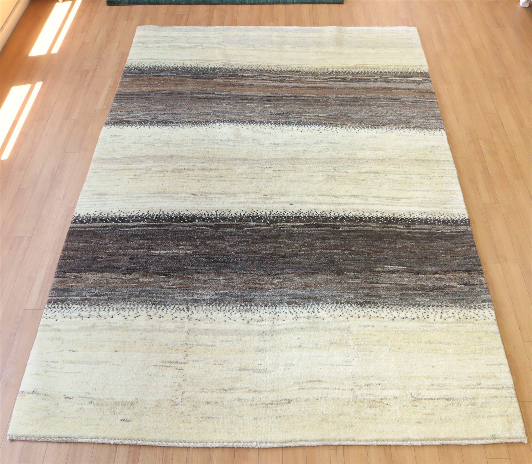 ギャッベ　イラン直輸入　ノマド　リビングサイズ ナチュラルアイボリー＆ブラウン　ボーダーストライプ