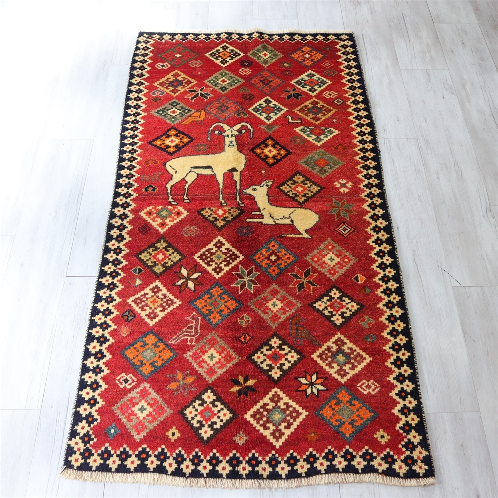 オールドギャッベ・ランナーサイズ215×110cm 山羊と幾何学模様　レッド