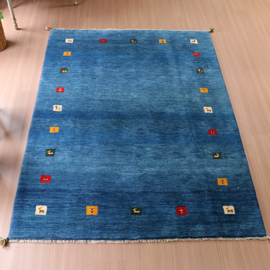ギャベ イランカシュカイ族の手織りラグ ウール100％ 大型サイズ ブルー カラフルタイル
