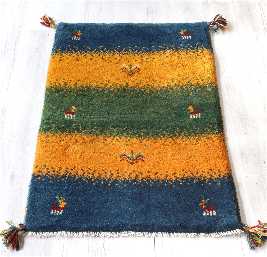 ギャッベ　ふかふかの織り　玄関マットサイズ88×58cm イラン・カシュカイ族/　グリーン＆イエロー・ブルー