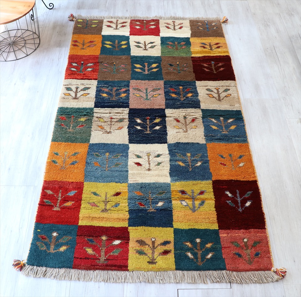 ギャッベ　90’s 細長いセンターラグ　203×110cm カラフルタイル　植物モチーフ