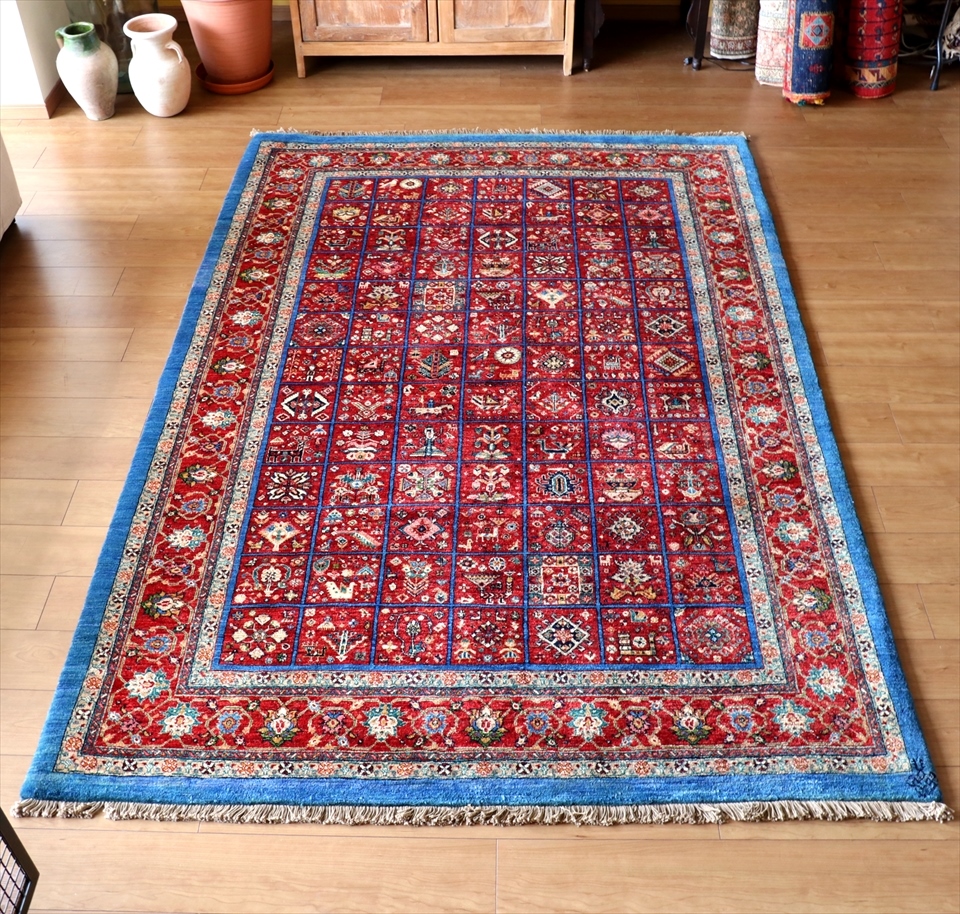 ギャッベ　カシュカイ族の伝統柄　リビングサイズ245×165cm レッド＆ターコイズブルー　クラシックデザイン