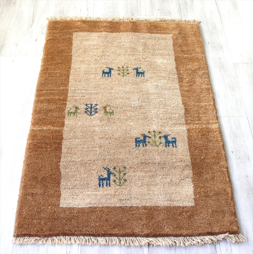 ギャッベ　玄関　アクセントラグサイズ116×79cm ブラウン　ツートーン　動物と植物モチーフ