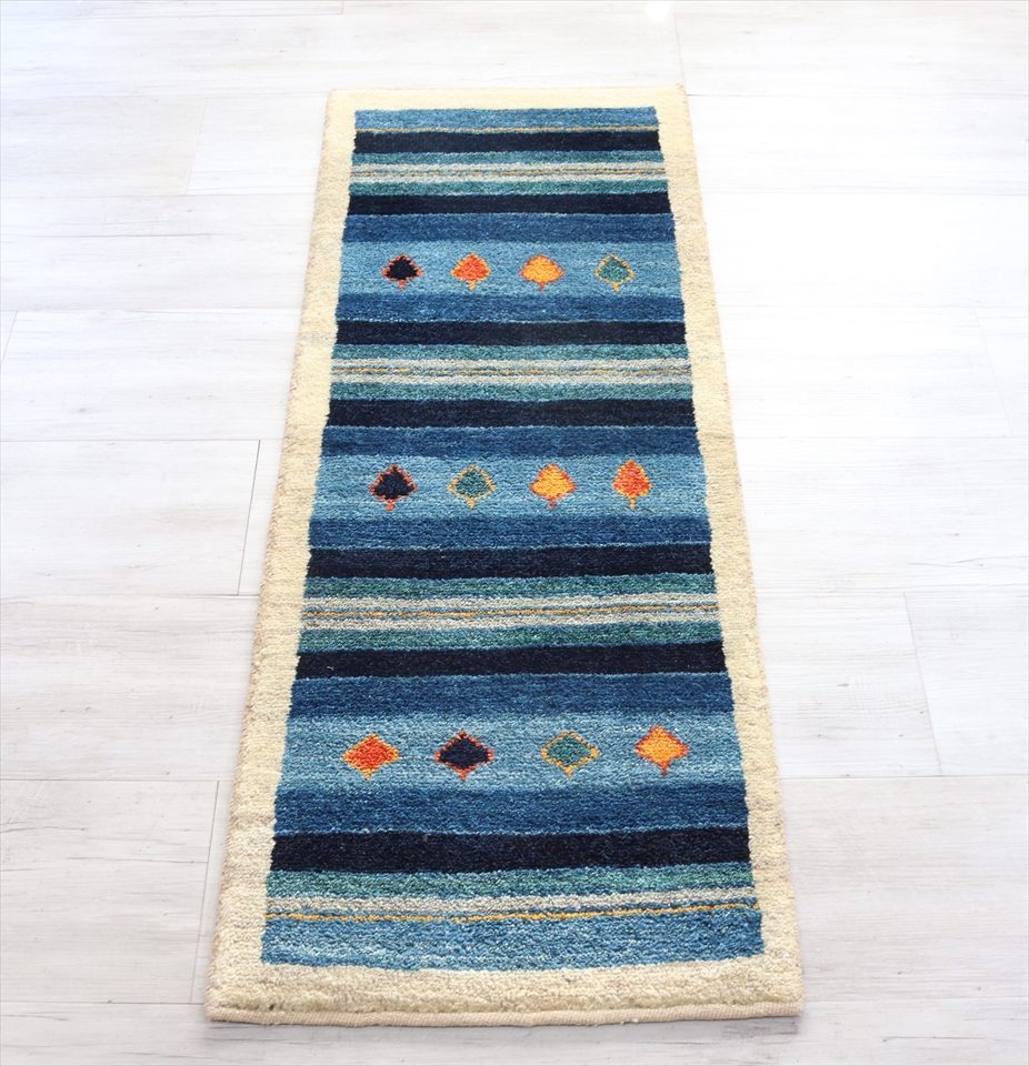 ギャッベ/Zahraザフラ139×51cm 細長ランナー　ブルー/ナチュラルアイボリー　ボーダー　糸杉の樹