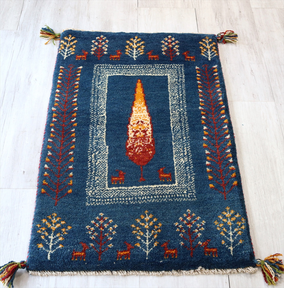 ギャッベ　手織りラグ　玄関マット93×60cm ブルー　糸杉の樹　花の咲いた植物