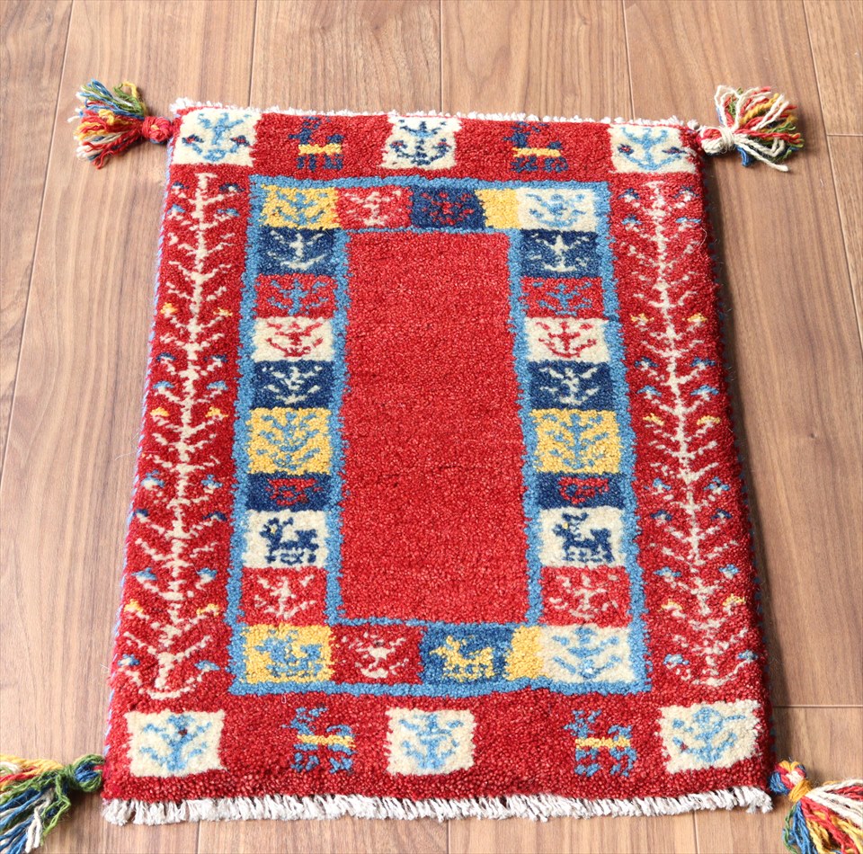 ギャッベ　イラン製手織り　玄関マット59×41cm レッド　カラフルタイル　生命の樹と動物モチーフ
