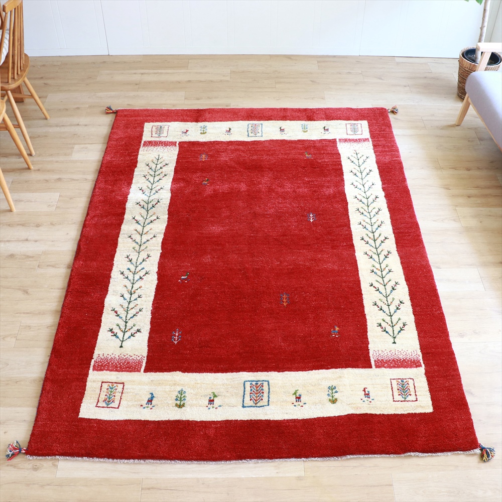 ギャッベ　レッド＆アイボリー240×172cm リビングサイズ　細長く伸びた生命の樹