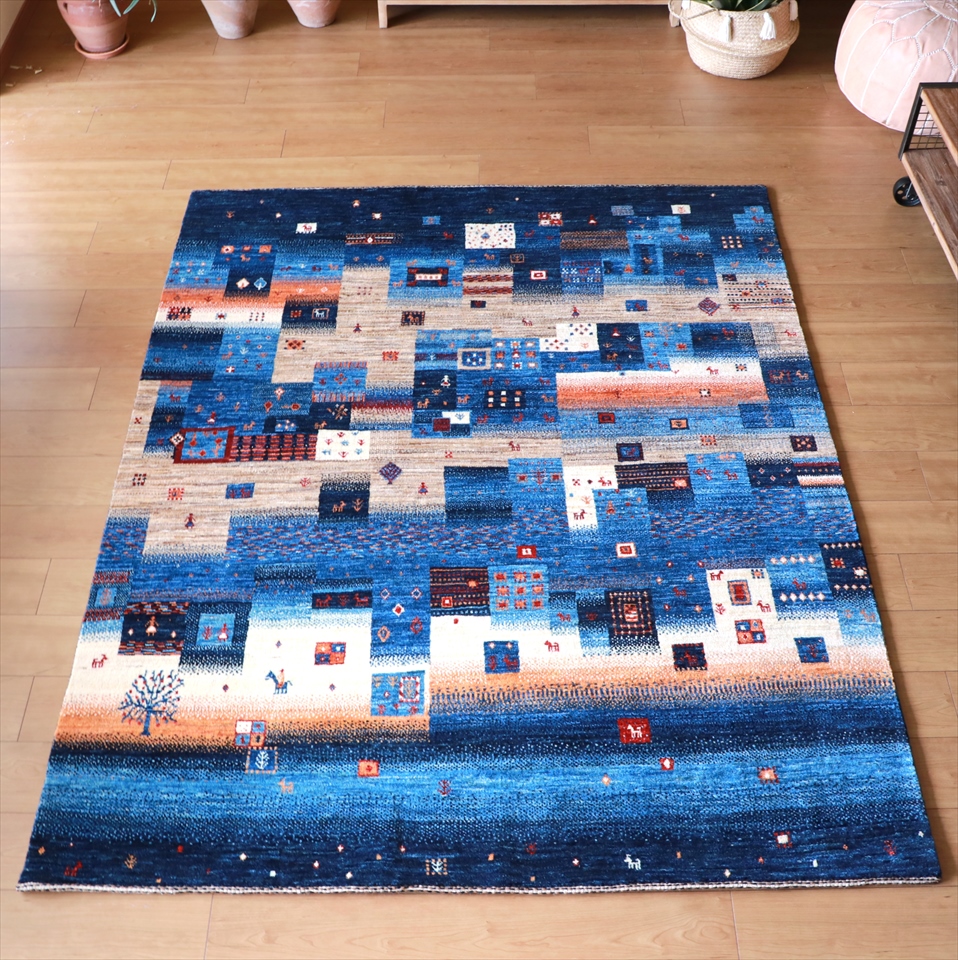 Gabbeh Nowbaft ノウバフト/ギャッベ200×162cm ブルー系モザイクタイル