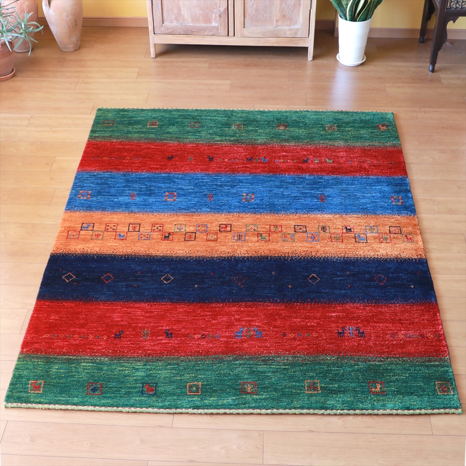 ギャッベ バナフシェ Gabbeh Banafsheh216×164cm 発色のきれいなレインボーカラー