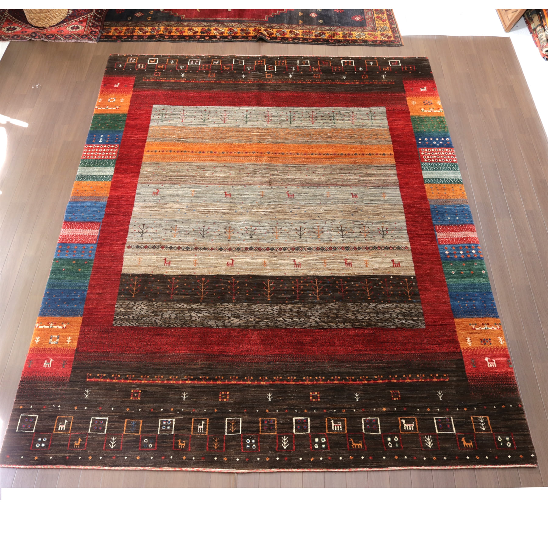 ギャッベ　緻密な織り　ノウバフト 294×228cm ナチュラルグレー/ダークブラウン