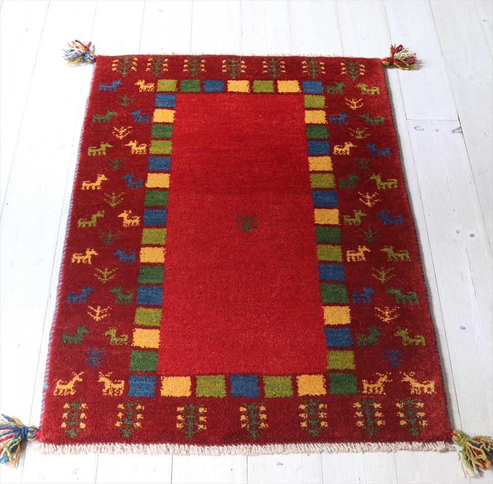 ギャッベ　玄関マット　レッド87×64cm カラフルタイル