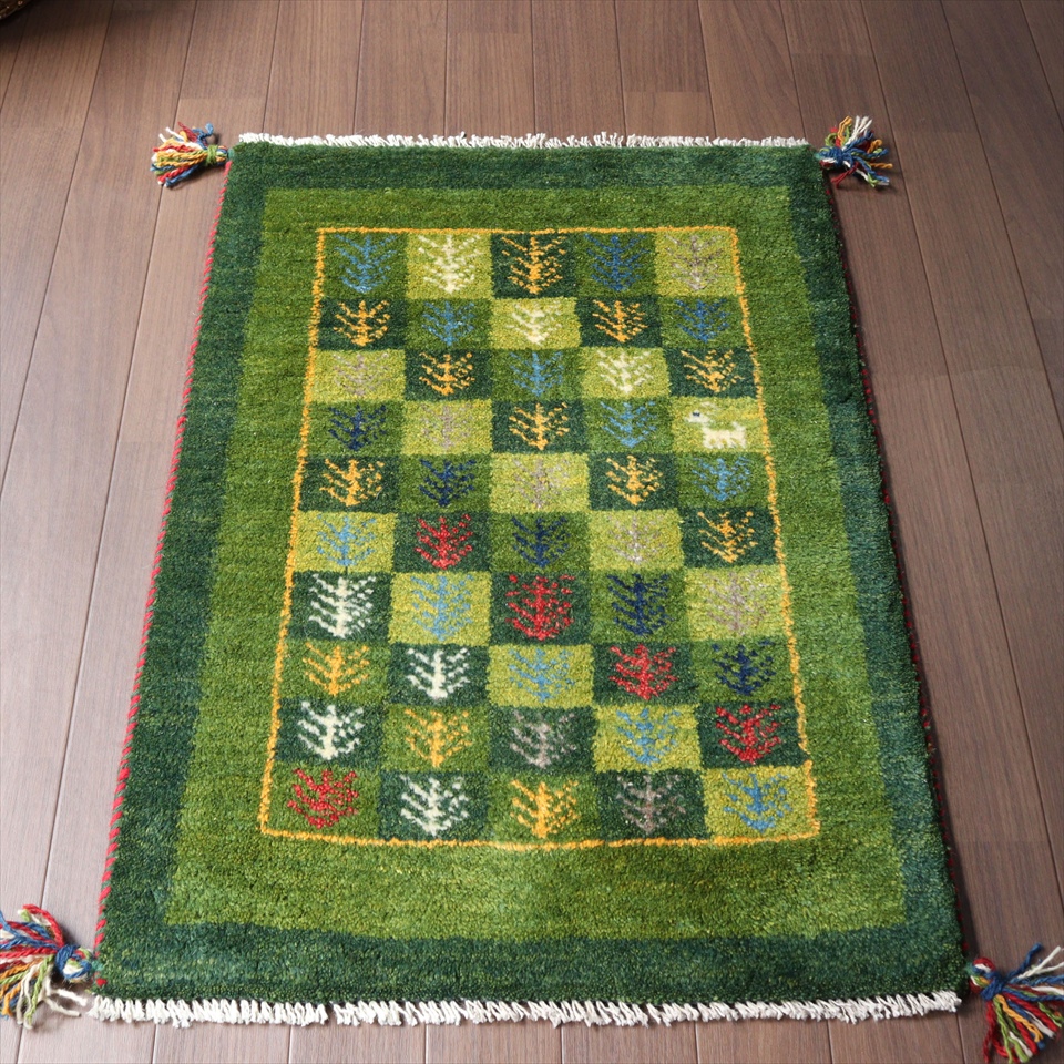 ギャッベ　玄関マット　グリーン87×61cm タイル