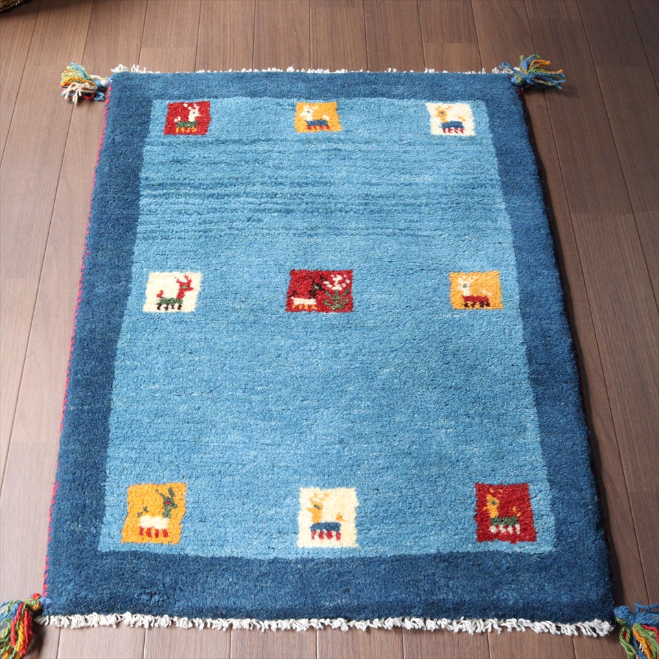 ギャッベ　玄関マット　ブルー91×65cm ツートーン　タイル