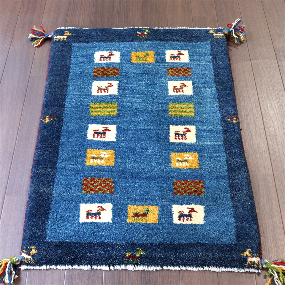 ギャッベ　玄関サイズ　ブルー88×60cm ツートーン　タイル