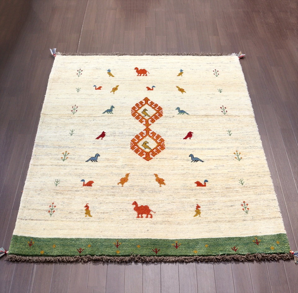 ギャッベ　ナチュラルアイボリー190×147cm グリーン　鳥とラクダ