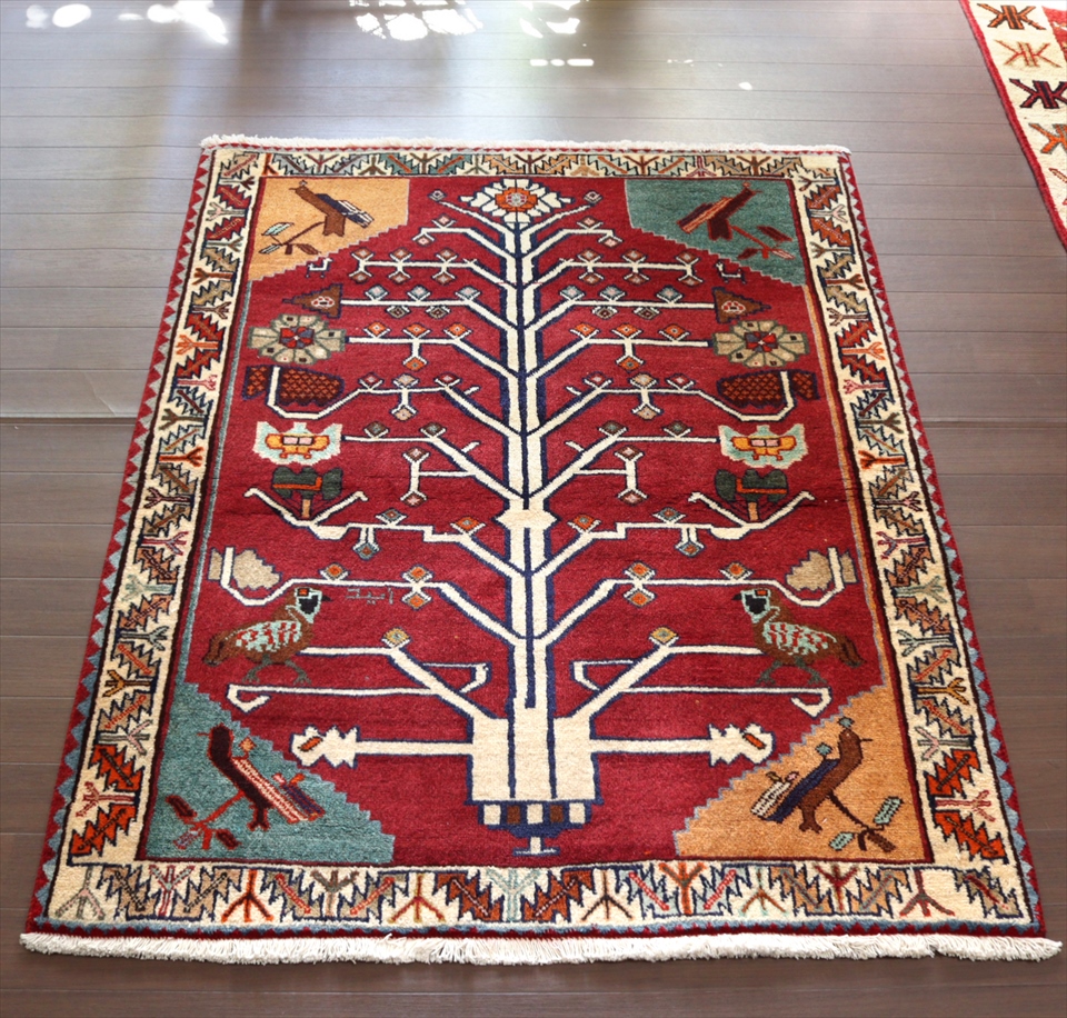オールドギャッベ　141×109cm 生命の樹に咲く花と鳥　Old Gabbeh　部族絨毯