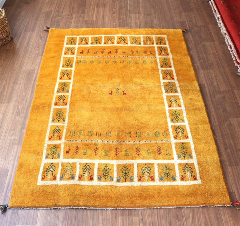 ギャッベ Gabbeh240×172cm イエロー　ユニークなマス目状の縁取り