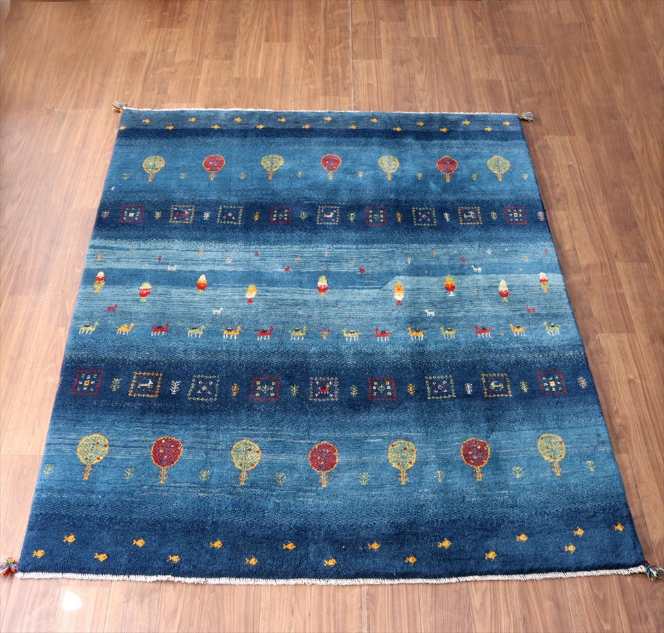 ギャッベ　厚みのあるふかふかな織り236×193cm ブルー　ボーダー