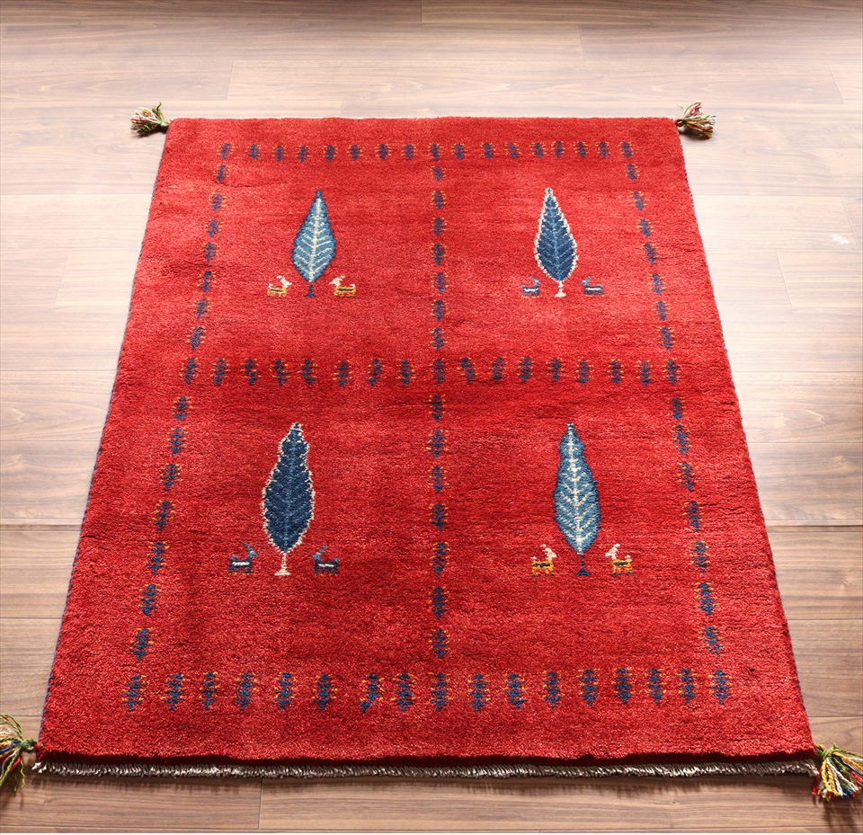 ギャッベ　イラン製手織りラグ140×98cm レッド　糸杉の樹