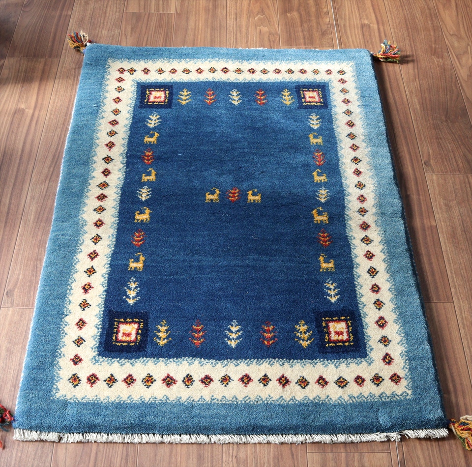 ギャッベ　GABBEH118×80cm ブルー　額縁のあるデザイン