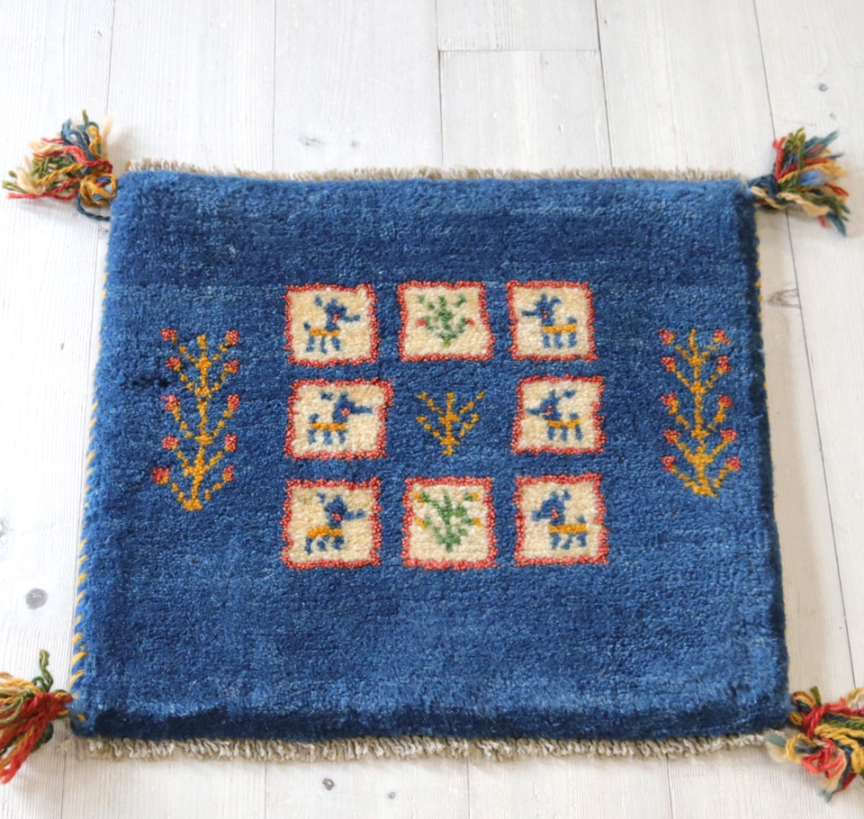 ギャッベ　座布団39×41cm ブルー　タイル